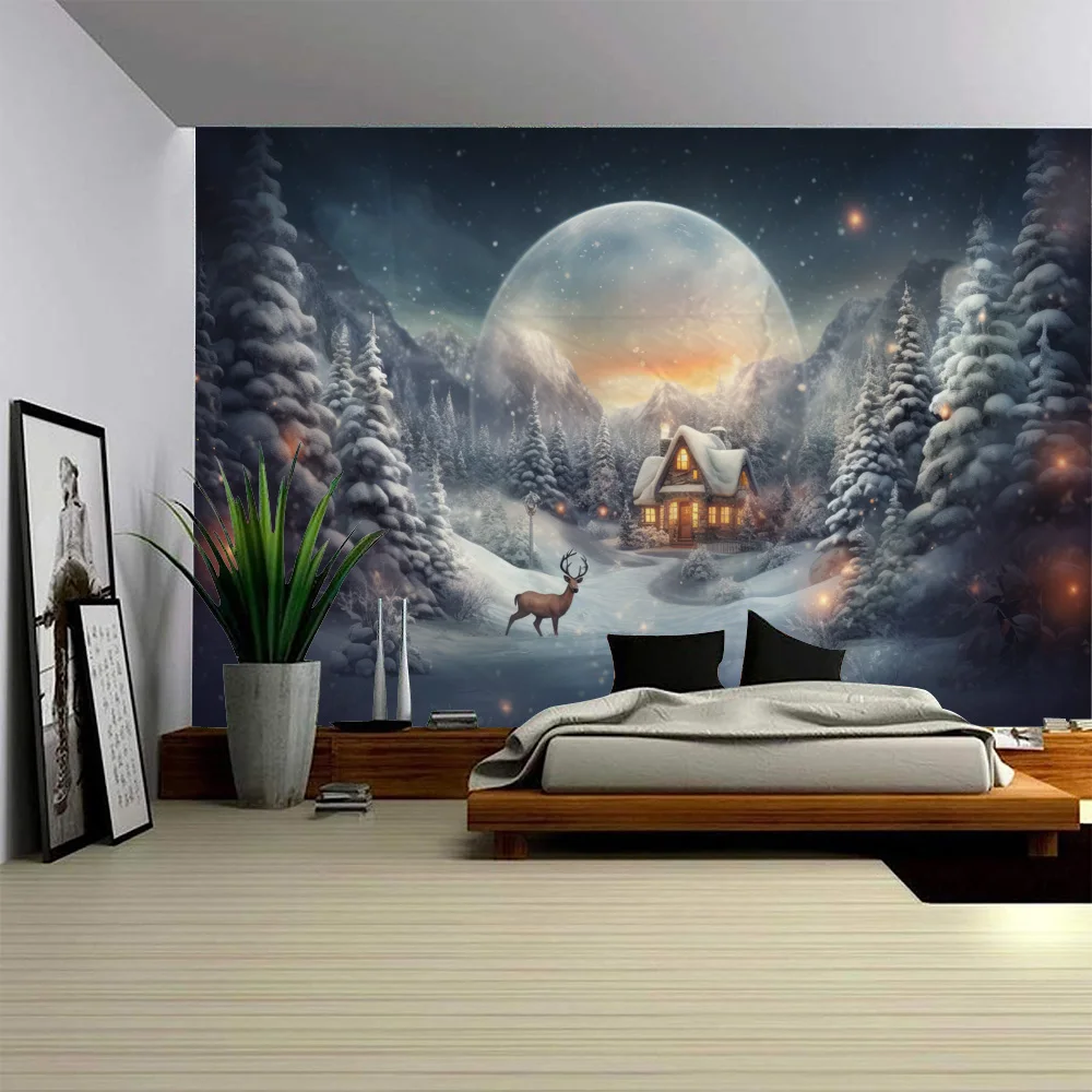 

Christmas Day decorative tapestry, forest snow background poster, home art decoration wall hanging, party background cloth