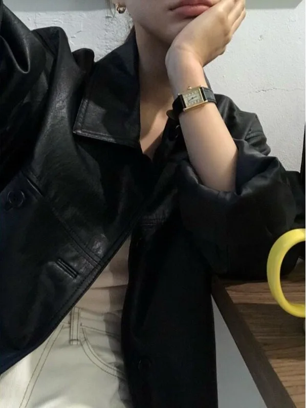 Korean Style Versatile Mid-Length PU Leather Jacket Women's Fashion Outerwear Spring Autumn Winter Seasonal Street Style