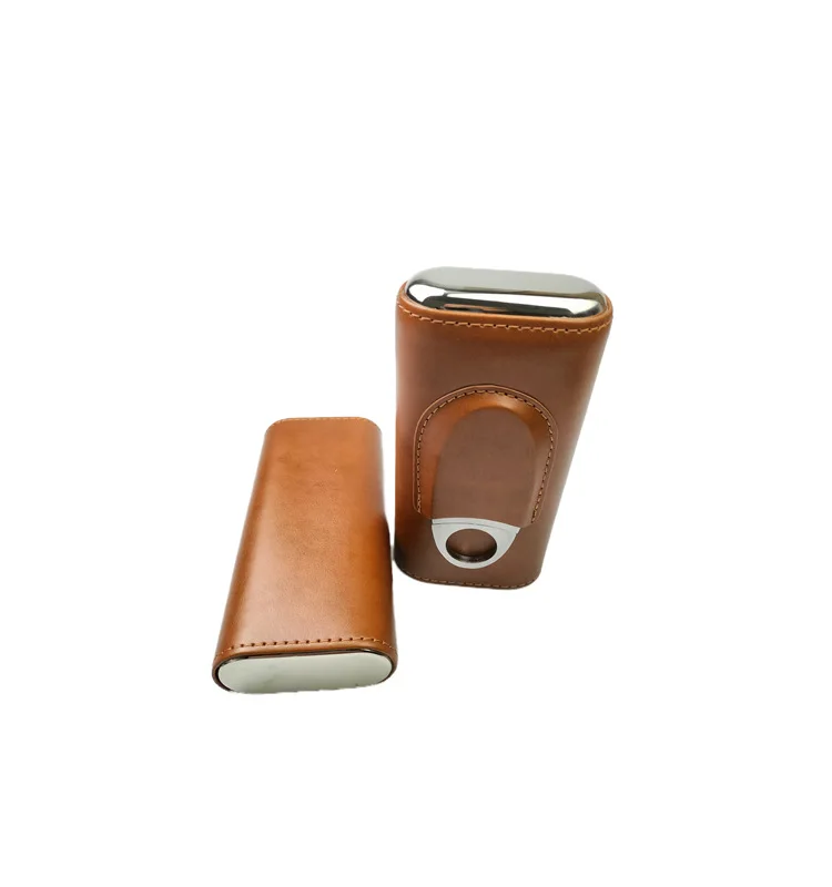 Cigar Humidor Portable Cigar Brown and Black Two Choices Cowhide Material Leather Case with Silver Cigar Cutter