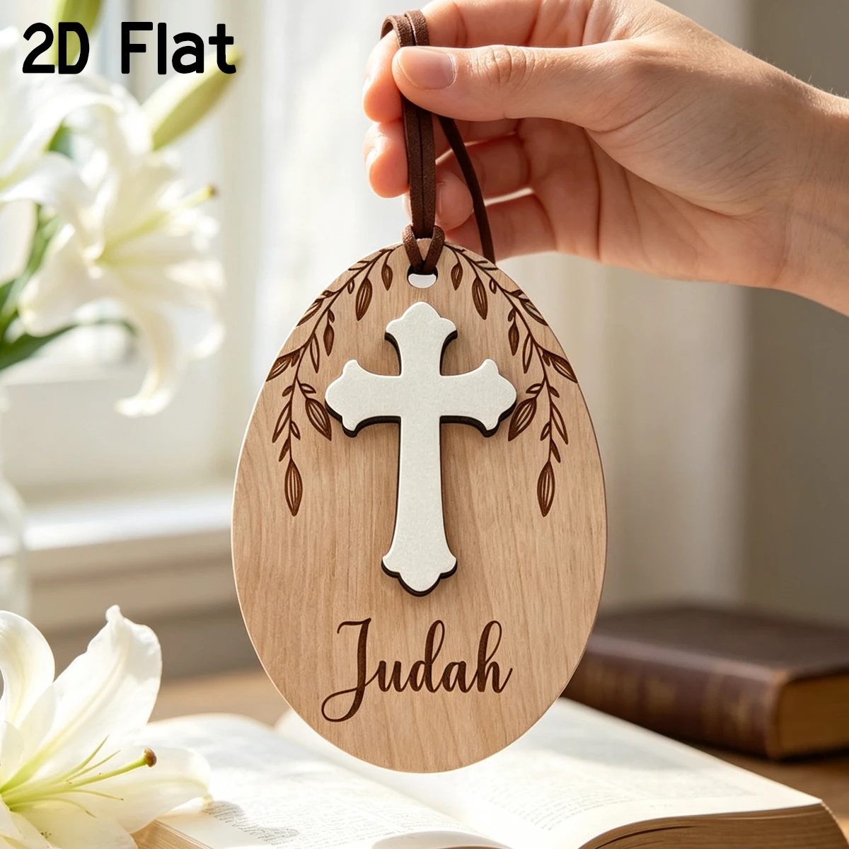 Personalized Cross Easter Wooden Ornament,Custom Oval Hanging Name Plaque,Christian Religious Pendant, Baptism Keepsake Gift