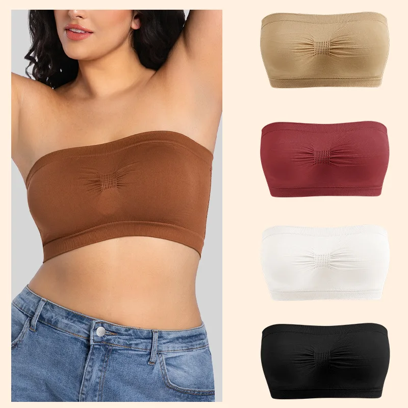 

Lady's Sexy Strapless Crop Top Bra Bandeau Boob Tube Brassiere Summer Breathable Mesh Invisible Strapless without Chest Pad Wrap