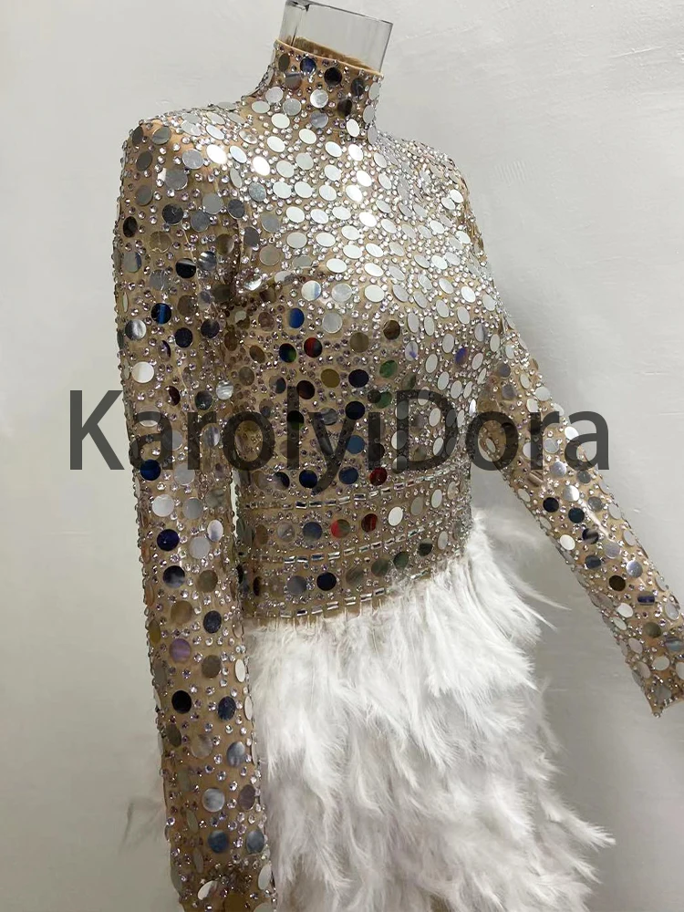 2023 Sparkly Silver Sequins Feather Dress Women Birthday Celebrate Wedding Bar DS Latin Dresses Dance Dress