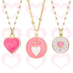 Collier pendentif coeur rose en émail pour femme, tour de cou en acier inoxydable, bijoux de carillon romantiques, cadeaux à la mode