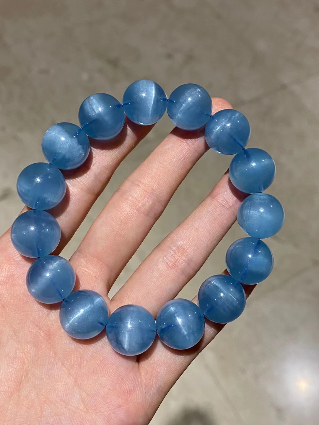 Natural Blue Aquamarine Quartz Bracelet Jewelry 14.8MM Cat Eye Clear Round Beads Gemstone Wealthy Stone For Women Men AAAAAAA