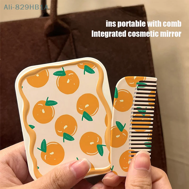 Full Orange Pattern Flip-Top Folding Makeup Mirror Portable Pocket Mirror Rectangle Cosmetic Mirror With Comb For Women Girls