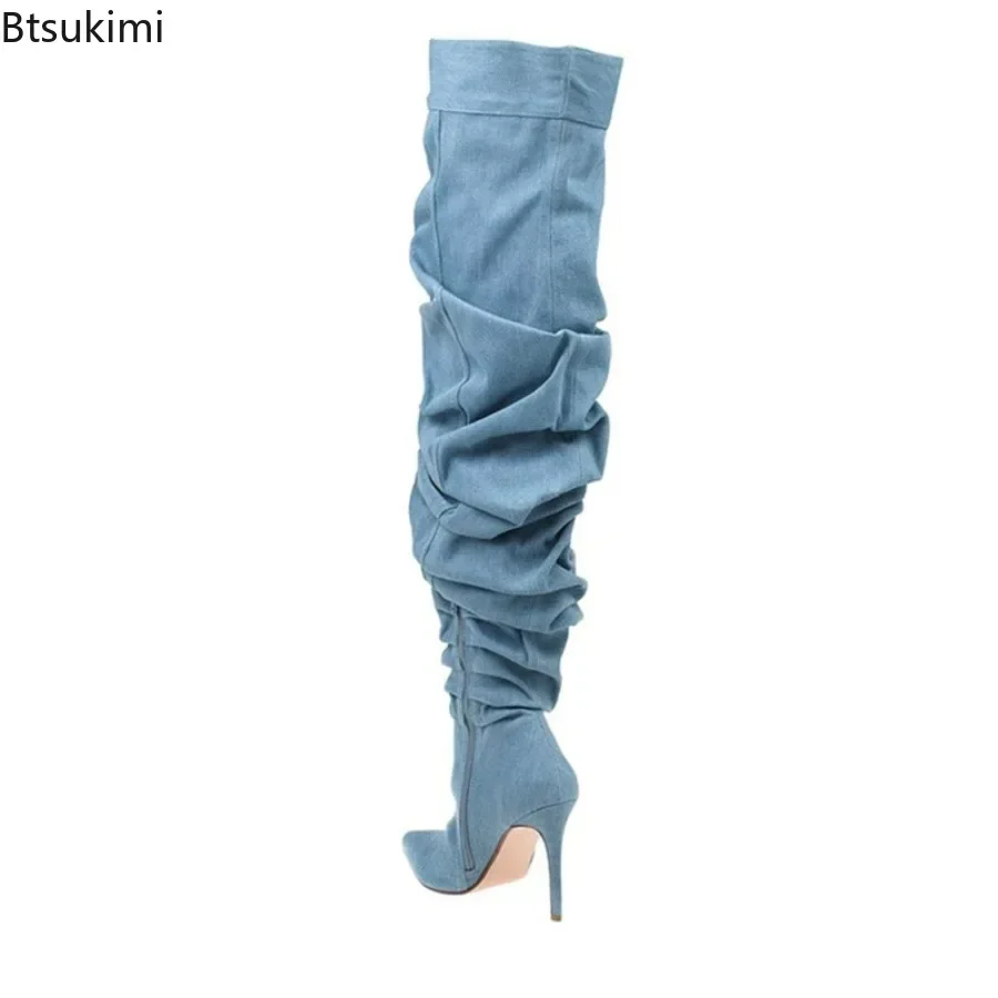 2024 Women\'s Sexy Denim Thin Heeled Knee Boots Western Cowboy Long Booties Female Slip on Ladies Over The Knee High Stack Boots