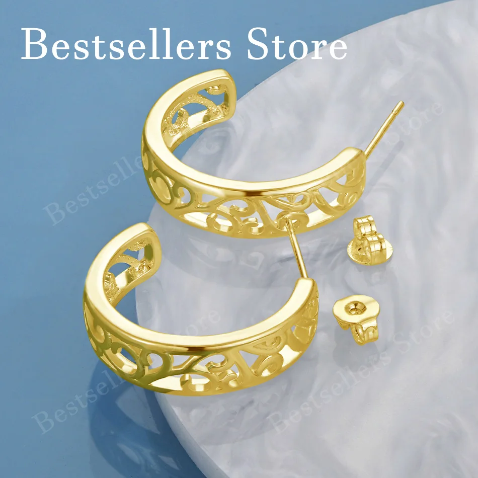 18K Gold-Plated Openwork C-Shaped Stud Earrings with Exquisite Patterns – Stylish Jewelry for Weddings and Parties