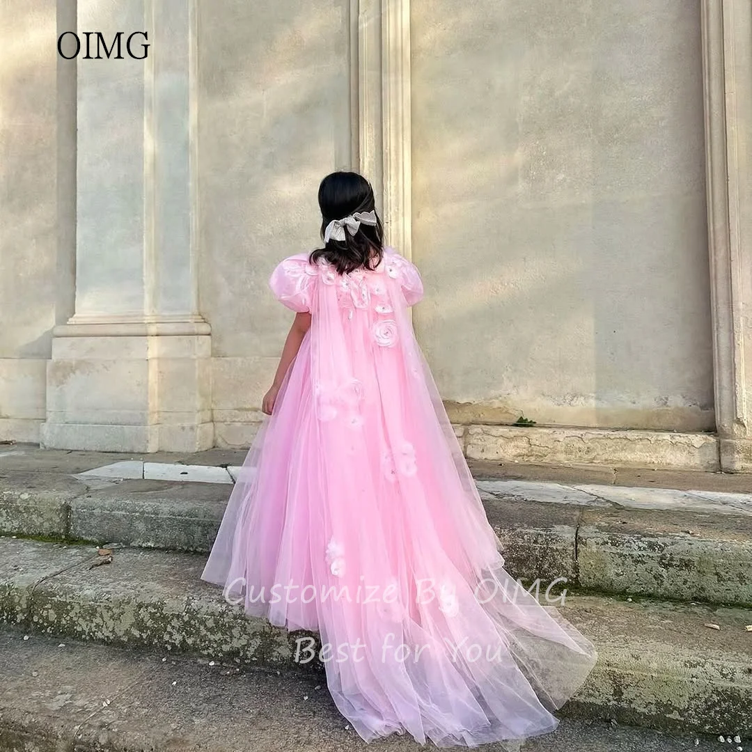 OIMG Pink Princess A Line Flower Girl Dresses Lantern Sleeves Gown Wedding Party Dress Tulle Tail Birthday Dress Customized