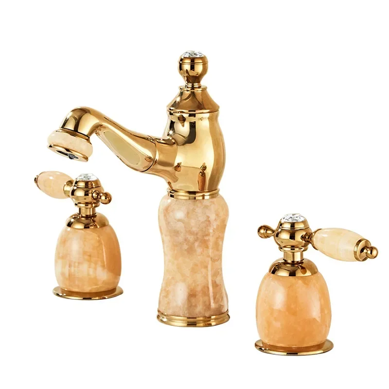 

Rosin yellow-gold jade pull-out three-hole faucet, hot and cold 8-inch split European pull-out washbasin faucet
