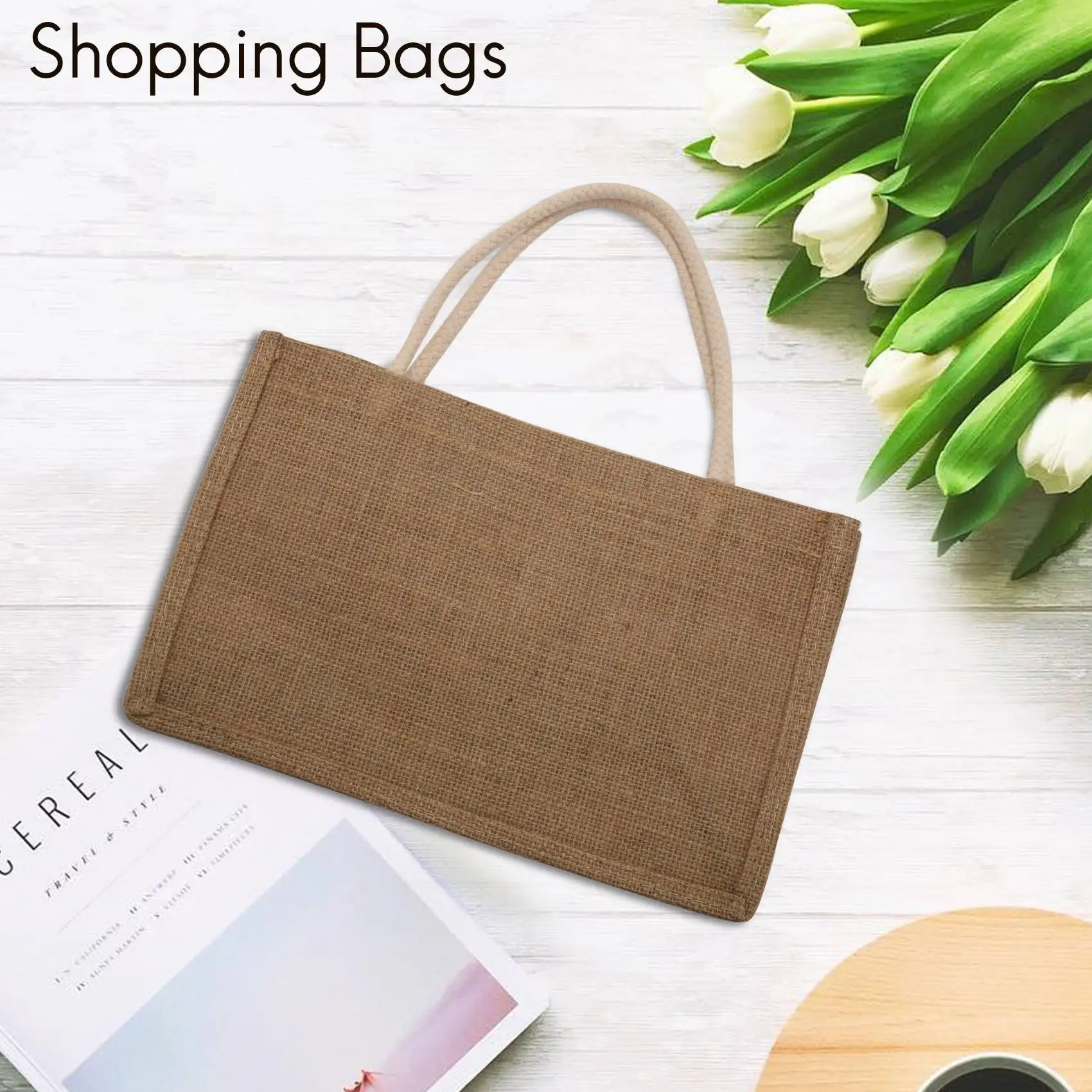AA77 NEW Jute Burlap Tote Large Reusable Grocery Bags with Handles Women Shopping Bag DIY Eco-Friendly Shopping Bag, L