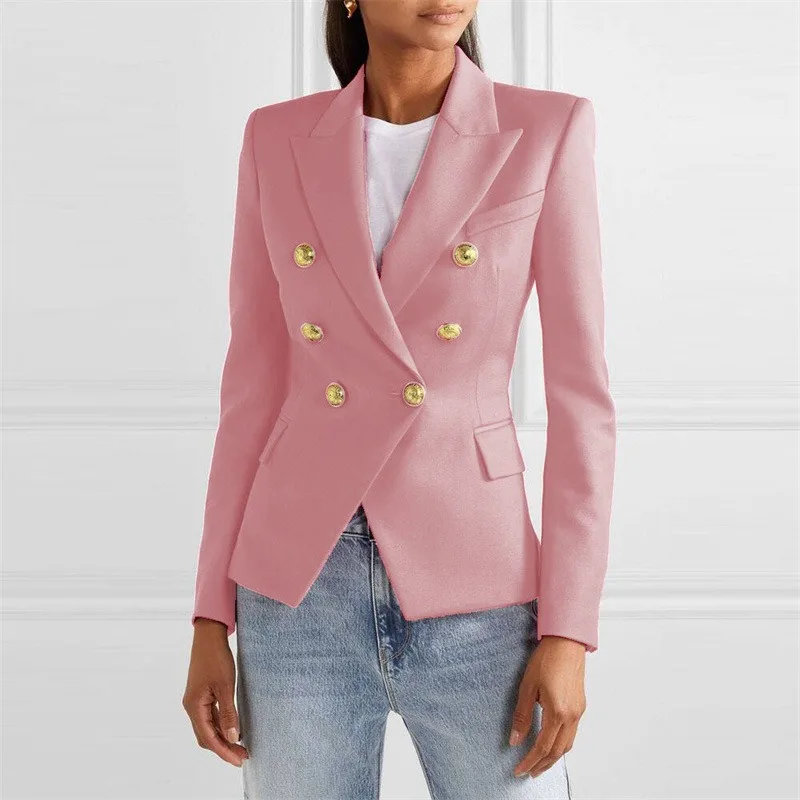 HIGH STREET Witte Blazer Dames 2025, Slanke Blazerjas, Dames Fitting Metalen Leeuw Knoppen Double Breasted Blazer Vrouwelijke Roze 4XL