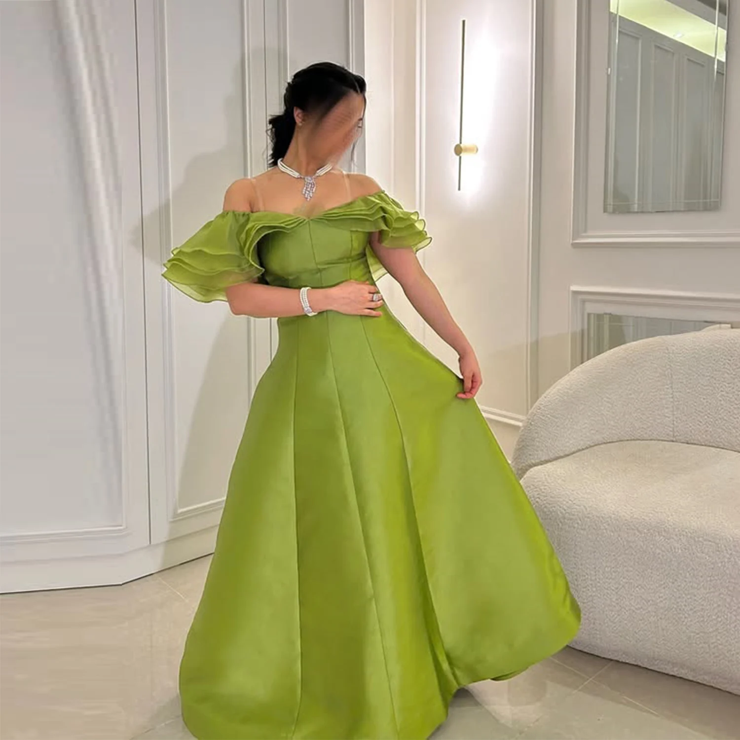 

Green Off The Shoulder A Line Evening Gowns Tiered Cap Sleeve A Line Prom Dress Women Formal Occasion Party Dress