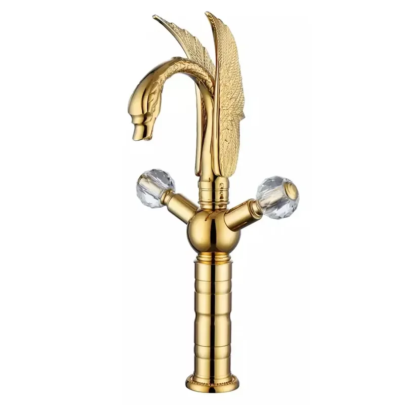 Hot Sale Deck Mounted Hot and Cold Mixer Tap Dual Handle Swan Gold Bathroom Basin Faucet