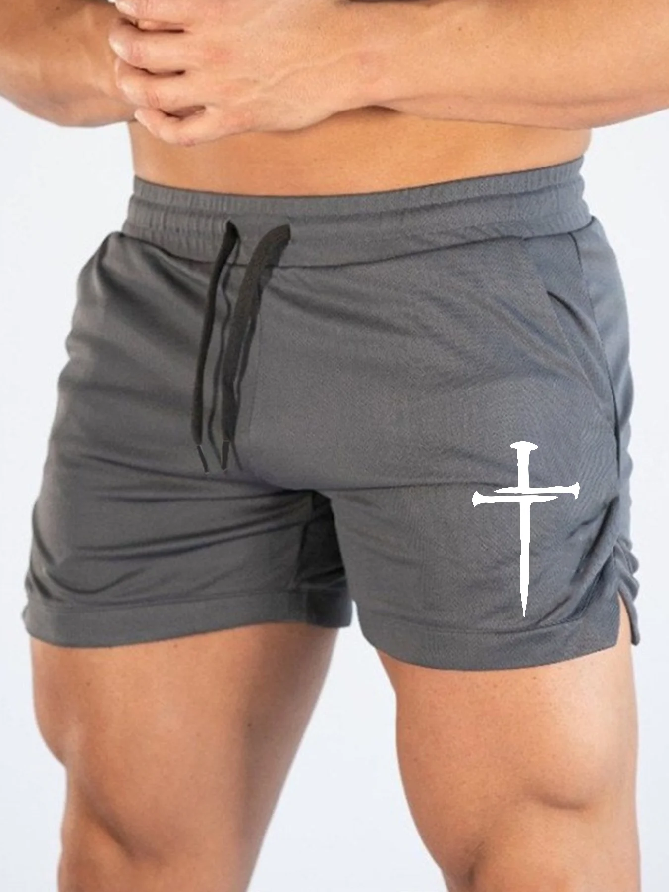 Muscle Running Shorts, Cross Logo Quick Drying Breathable Marathon Shorts, 3-minute Fitness Beach Pants, Tight Mesh Fabric