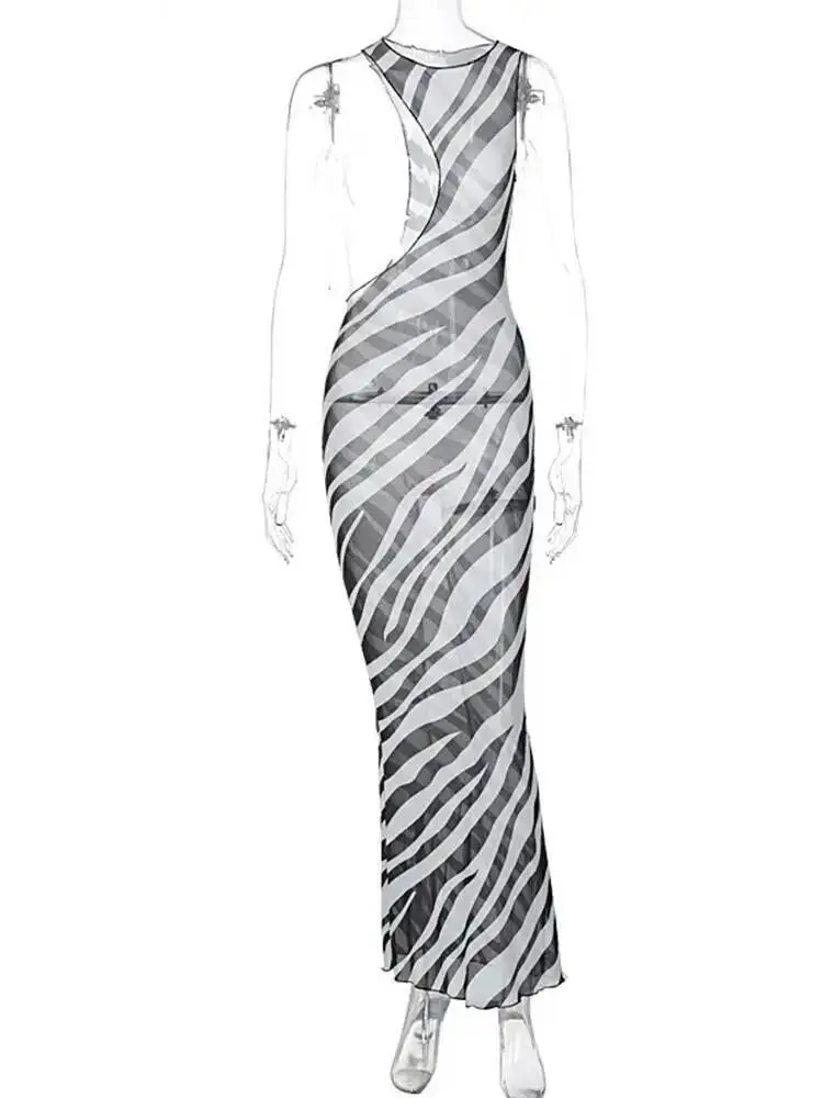 Zebra impressão longo vestido de praia cover-ups sexy malha transparente maxi vestido listrado corte bodycon férias vestido de verão feminino