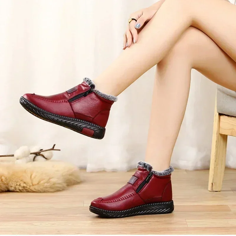 2024 Women\'s Boots Plush Female Shoes Anti-slip Womens Snow Boot Winter Cotton Leather Shoes Casual Ankle Boots Botas Mujer