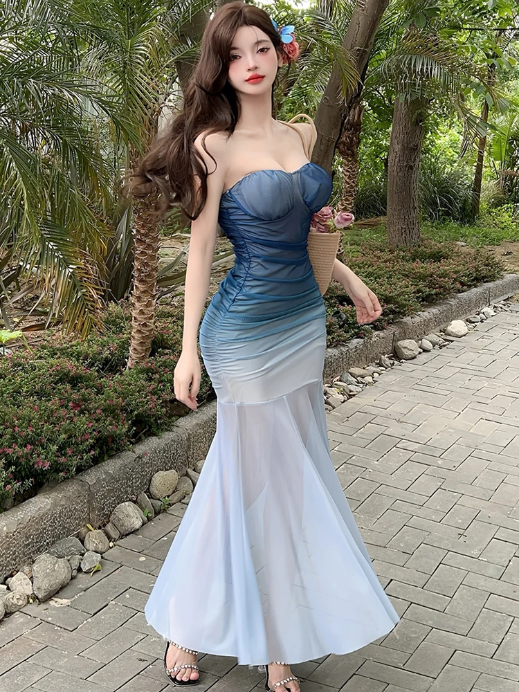 Zomer roze gradiënt mesh chique borstverpakking sexy lange jurk vrouwen geplooide bodycon dansfeestjurk 2025, Koreaanse elegante jurk