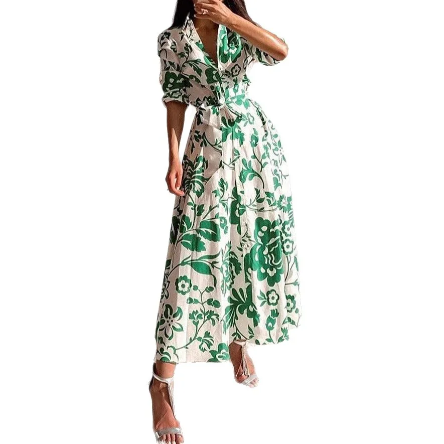 فساتين ماكسي مطبوعة للنساء معانقة الخصر وأكمام طويلة فستان قميص ربيع الخريف سيدة عادية مكتب عطلة فستان رداء #5