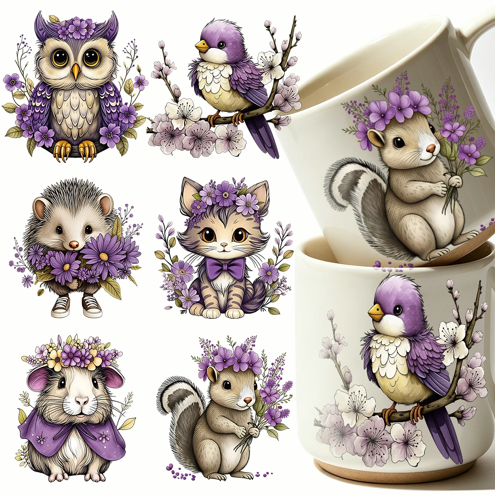 6pcs Purple Flower Animal UV DTF Cup Stickers Hedgehog Owl Rabbit Koala Duck DTF Transfer Stickers For Glass Cup Wraps Stickers