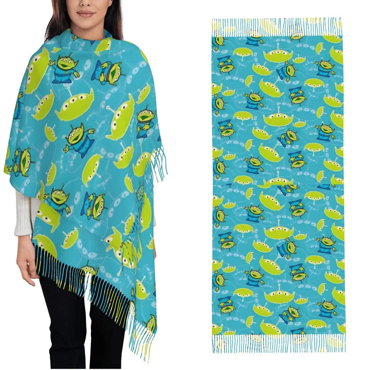 Toy Story Alien Funny Green Background Scarf for Womens Winter Fall Pashmina Shawls and Wrap Long Scarves with Tassel for Ladies