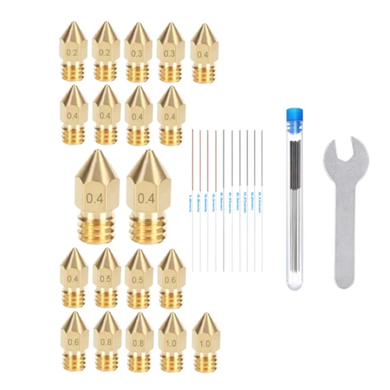 

20/25PCS MK8 Brass Nozzle 0.2 0.3 0.4 0.5 0.6 0.8 1.0mm Wrench Cleaning Needles Extruder Head Nozzle CR-10 10S Ender 3