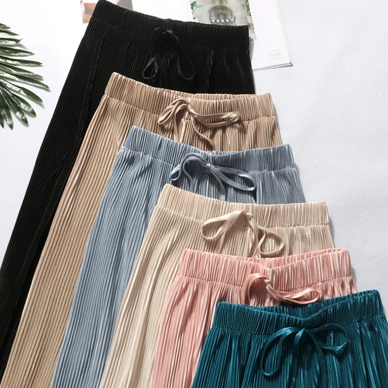 2025 Women's Pleated Loose Ice Silk Korean Casual Cropped Pants Wide Leg Trouse Home Classic Sports Wear Girls Clothes Black Top