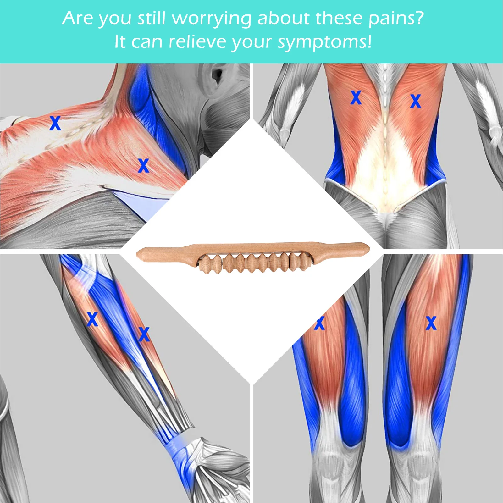 

【】Wooden Roller Massager Stick Muscle Relaxation Deep Tissue Massage Therapy Fascia Release Tool Non-Slip Handle Full Body