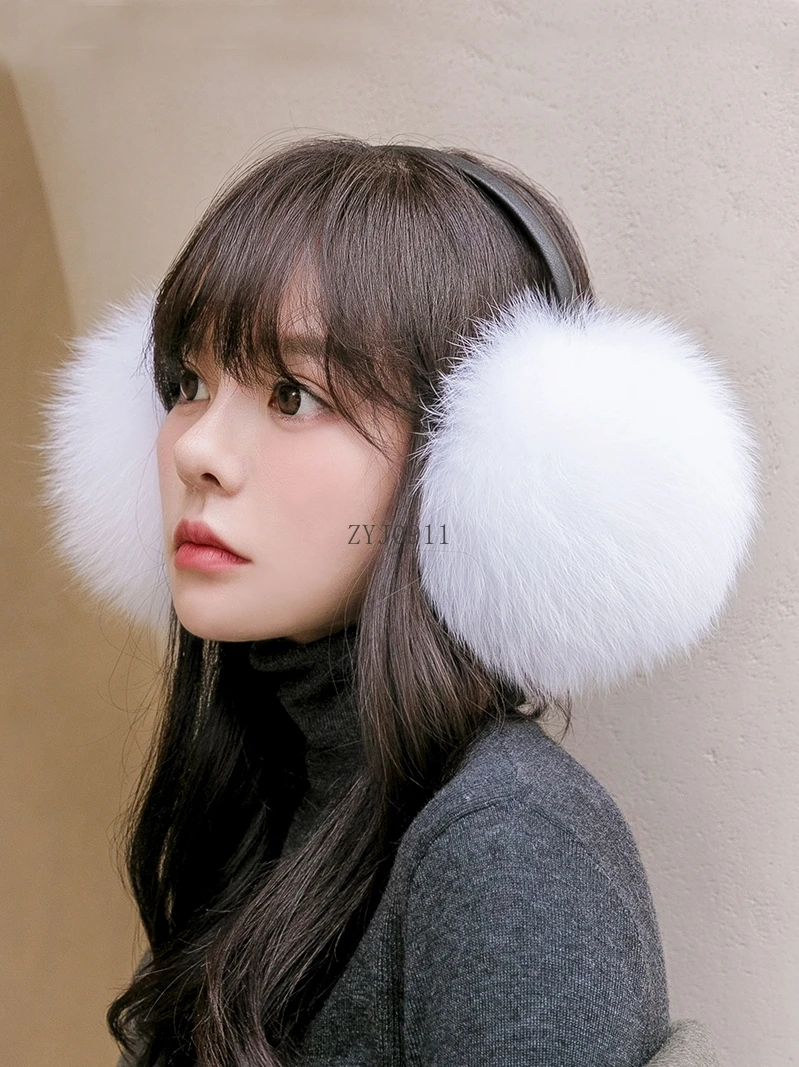 Winter Women Warm Real Fox Fur Earmuffs Girl's Earlap Ultra Large Ladies Plush Earmuff Luxury Ladies Fox Fur Earmuffs