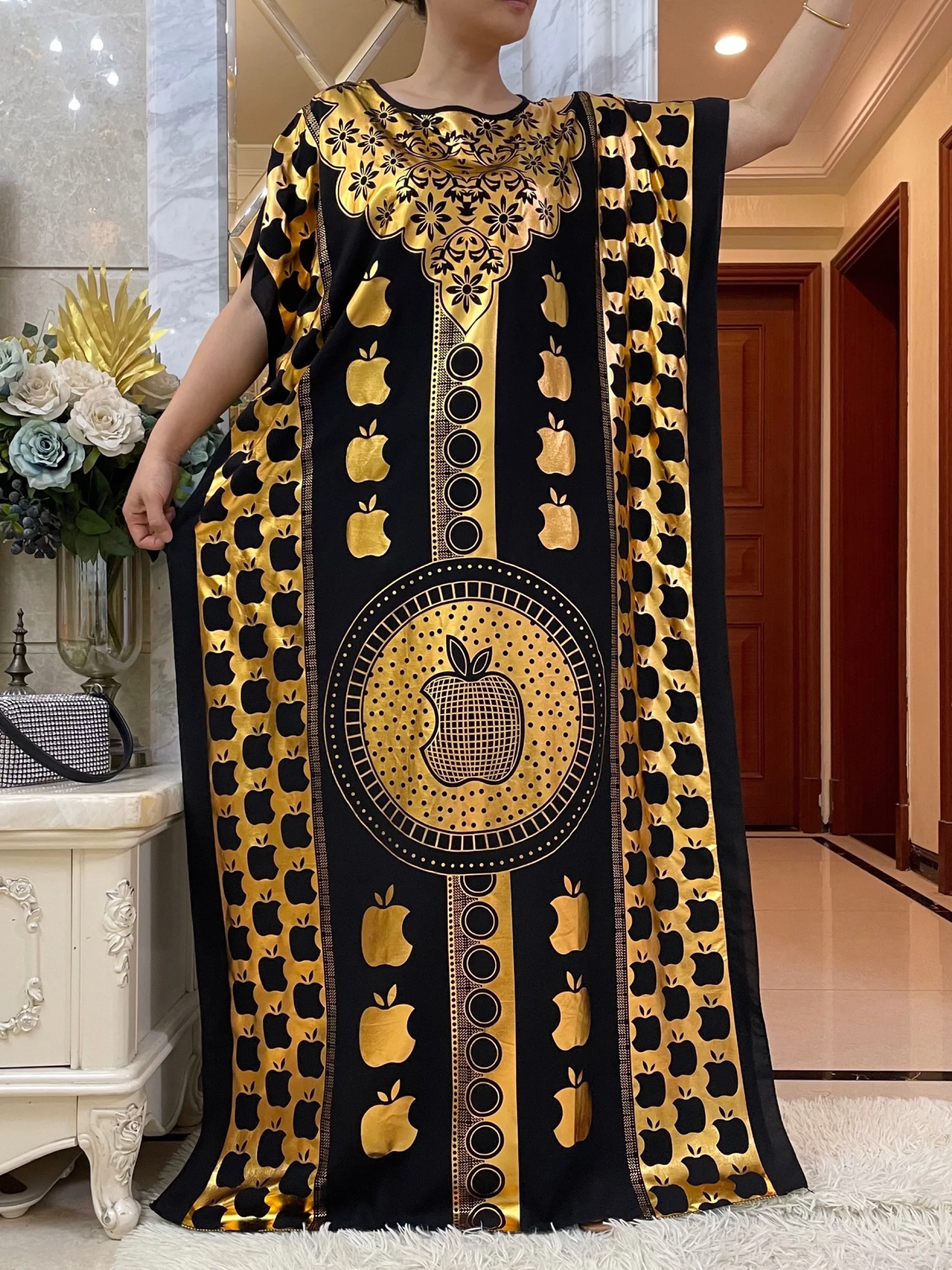 Muslim Summer Short Sleeve Cotton Robe Gold Stamping Boubou Maxi Women Femme Loose Dress With Big Scarf African Ramadan Abaya