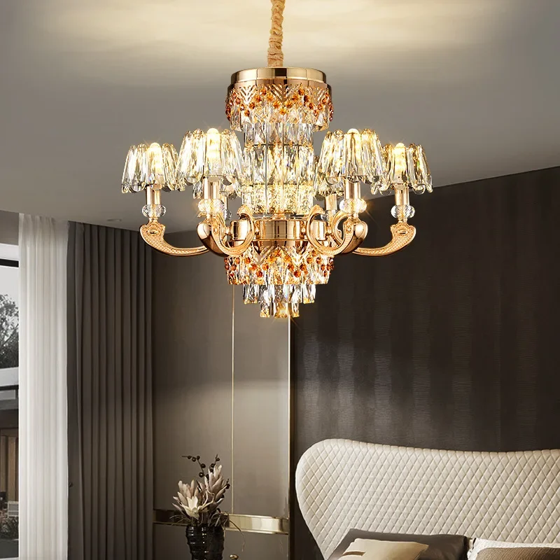 European-Style Light Luxury Crystal Chandelier Simple Dining Room Lamp Duplex Floor Chandelier Staircase Long Pendant Lights