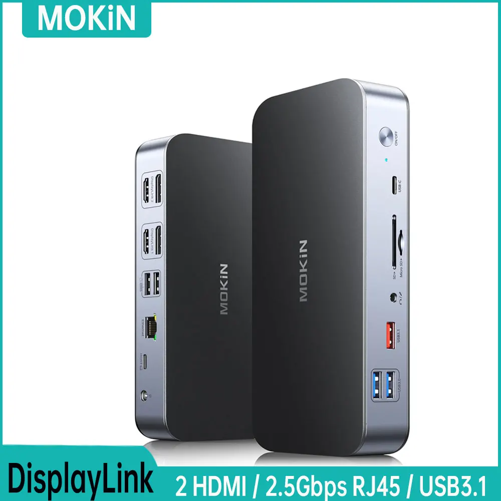 

MOKiN DisplayLink Docking Station Dual Monitor,USB C Dock with 120w Power, 2 HDMI, 2 DisplayPort,2.5Gbps RJ45,USB3.1,For MacBook