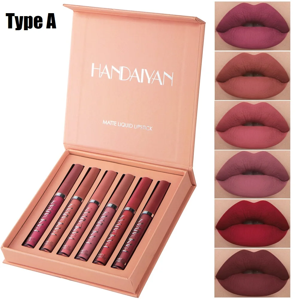 HANDAIYAN 6 Teile/satz Rot Flüssigen Lippenstift Samt Matte Lip Gloss Nude Make-Up Frauen Langlebig Wasserdicht Schönheit Kosmetik Werkzeug