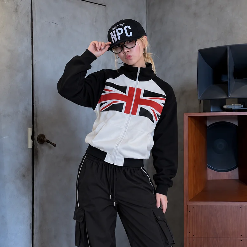 Women Union Jack Jacket Zip Up Stand Collar Long Sleeve Color Block Vintage Y2K Streetwear Casual British Style Outerwear
