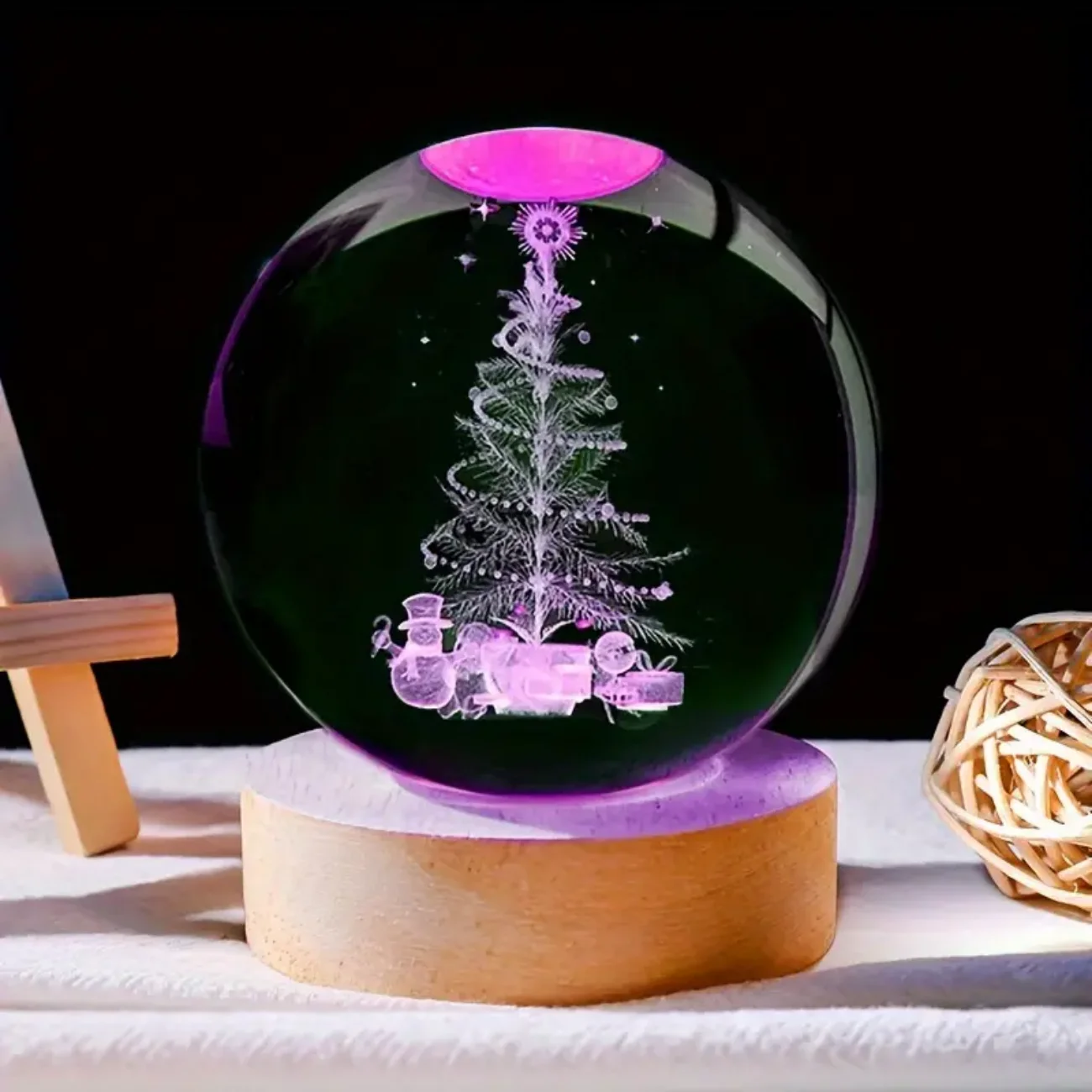 1pc, Santa 3D laser carved crystal ball with colored lights, living room bedroom home decorative lights, table decoration glass