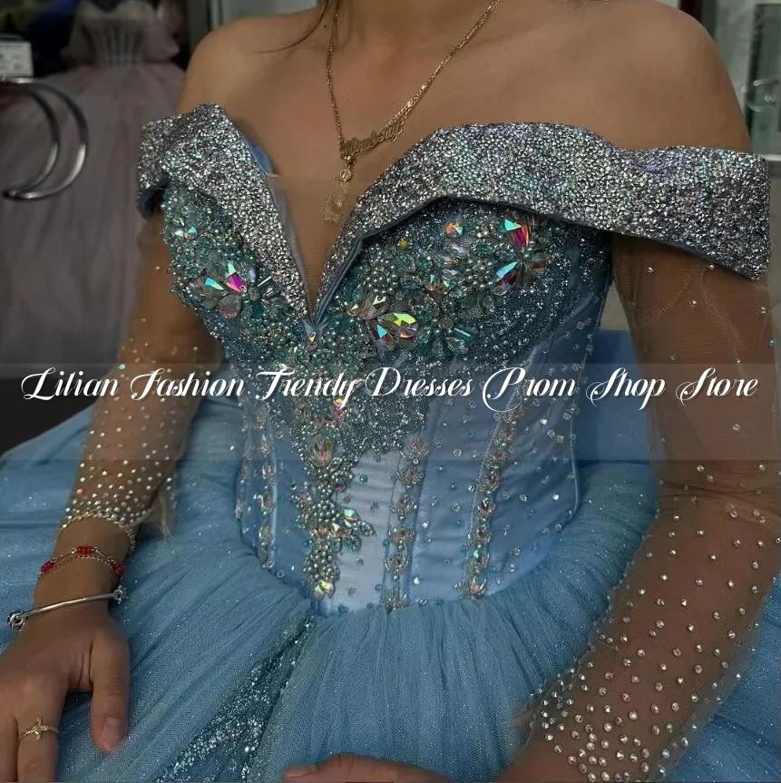 Sky Blue Sparkly Crystal Princess Quinceanera Dresses Luxury Crystal Off Shoulder Corset vestidos de 15 años quinceañeras Custom