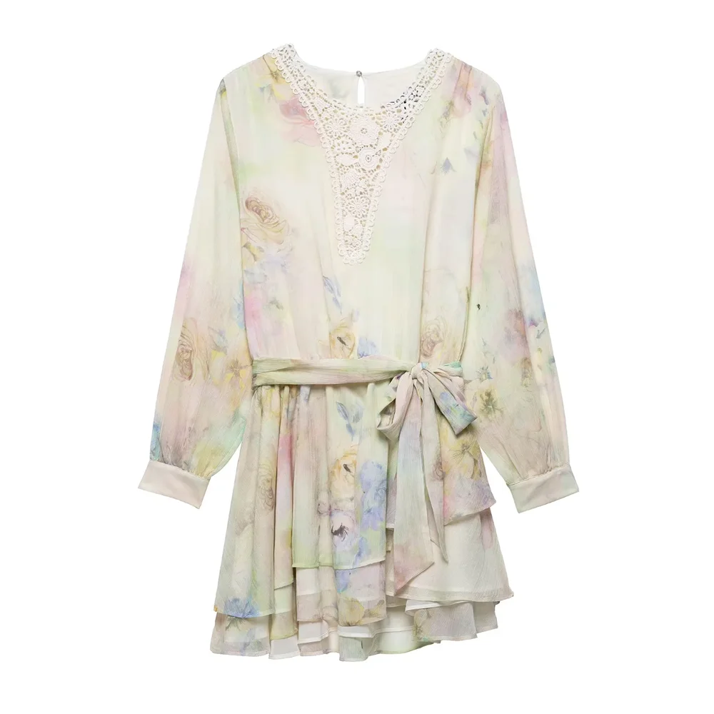 

BSK&TRAF2025all-match French crochet print round neck long sleeve loose temperament sweet short dress summer women's clothing