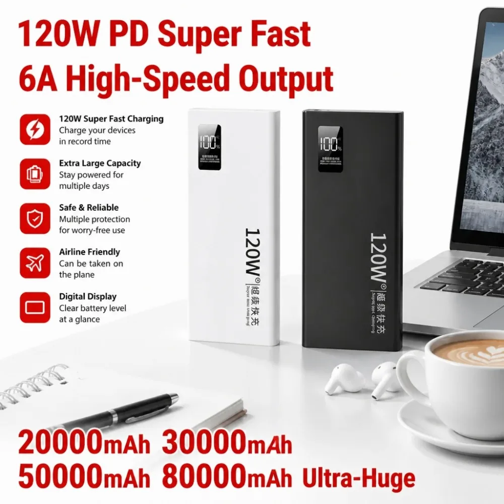 80000mAh 120W PD Fast Charging Power Bank, 6A USB C Super Fast Battery Pack for Xiaomi iPhone 16 15 Samsung S24 iPad MacBook