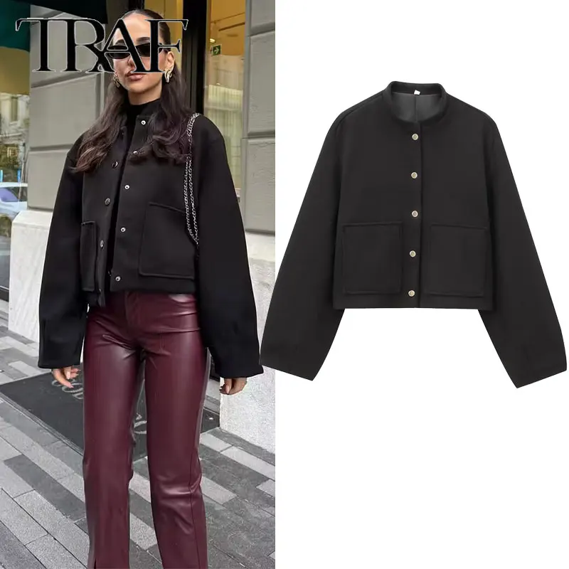 

TRAF Women Spring Winter Bomber Jacket 2025 New Long Sleeve Solid Short Cardigan Female Street Vintage Fashion Short Coats