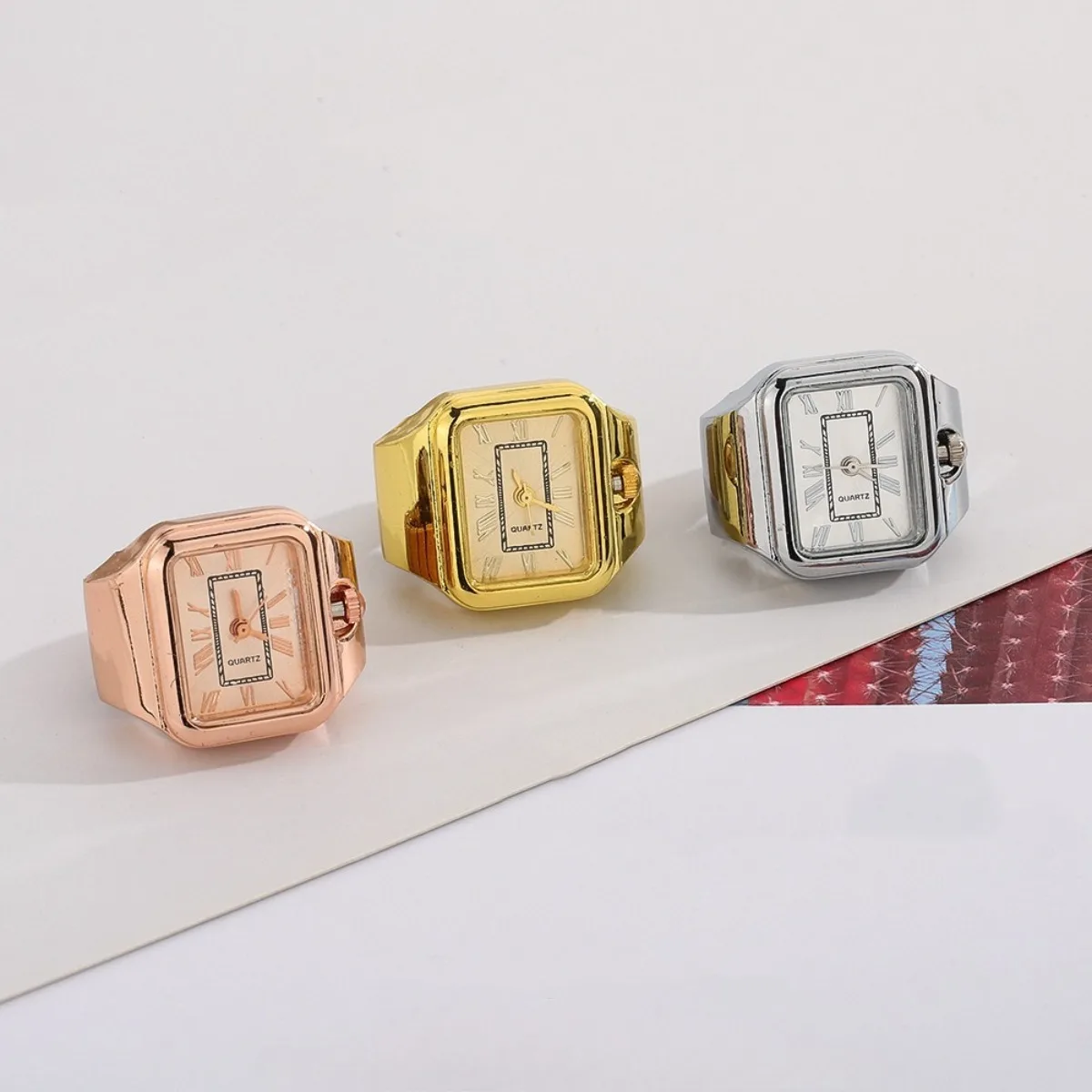 Vintage Square Dial Roman Numerals Watch Rings for Men Women Gold Silver Rosegold Color Stainless Steel Punk Jewelry Charm Gifts