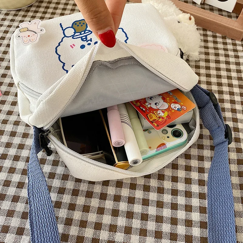 Sacs à main en toile pour femmes, sac à bandoulière pour filles mignonnes, imprimé de dessin animé coréen, ours, lapin, mini grill, téléphone, mode initiée