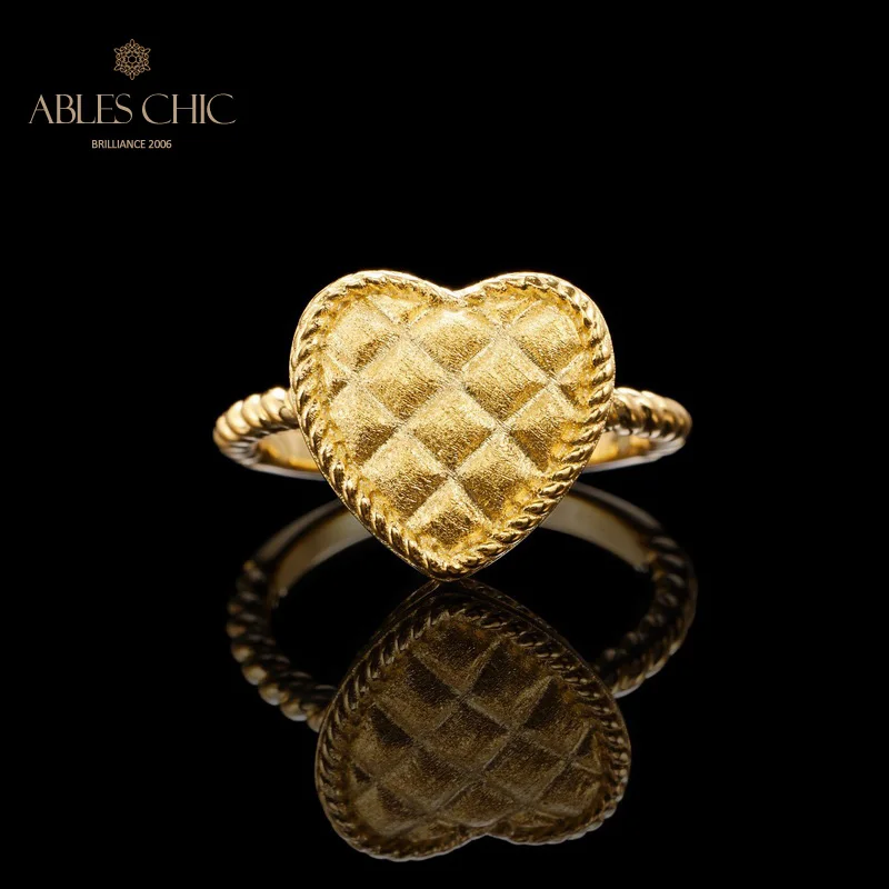 Ables Chic 18K Gold Tone Cross Grain Heart Brushed Wedding Rings 925 Silver Matt Minimalist Bridal Ring C11R1S26075