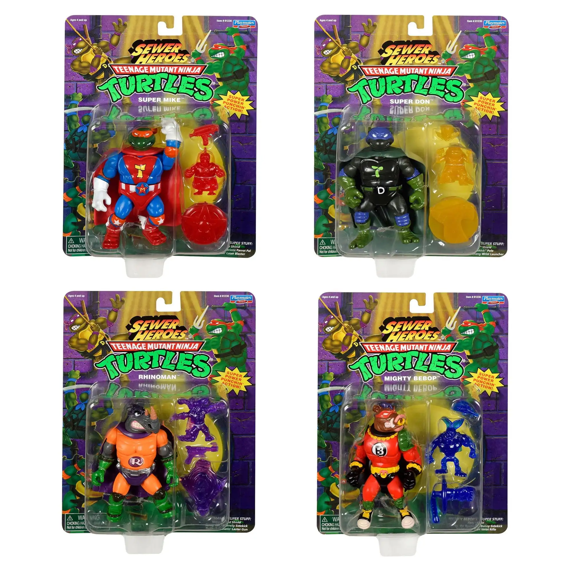 

Teenage Mutant Ninja Turtles Sewer Heroes Super Mike、Super Don、Mighty Bebop 、Rhinoman Action Figure 4-Pack Bundle Playmates Toys