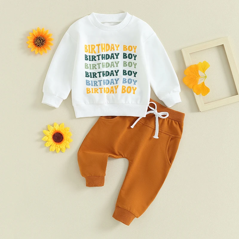 

2023-09-07 Lioraitiin 0-3Y Toddler Boys Birthday Outfits Letter Print Long Sleeve Sweatshirts Solid Color Long Pants Clothes Set