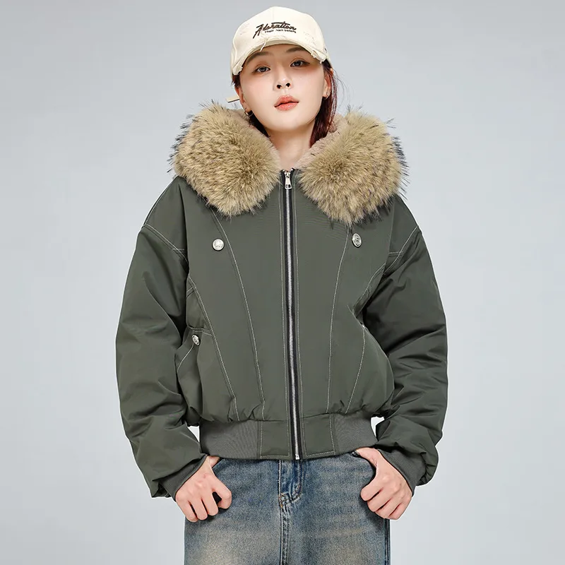 Retro Daunenjacke aus Baumwolle, Damen-Kurzmantel, gefälschter Kaninchenfellkragen, mit Kapuze, Winter, warm, verdickt, Oberbekleidung, Parkas, trendig