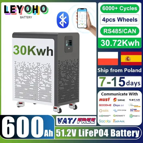 48V 600Ah LiFePO4 배터리 팩 30Kwh 바퀴 포함 51.2V 100Ah 300Ah 리튬 배터리 6000+ 사이클 블루투스 CAN RS485 BMS EU 재고