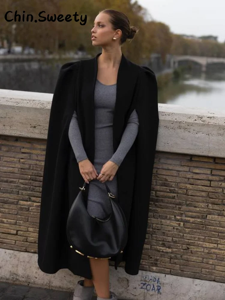 

Elegant Women's Cloak Long Coat With Belt Loose Solid V-neck Sleeveless Coats Female 2025 Autumn Winter Lady High Street Outwear