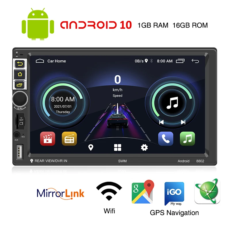 Autoradio Android, 2 Din, Sans Fil Carplay, Bluetooth, Mains Libres, Navigation GPS, RDS, Wifi, USB, TF, Lecteur Multimédia, Unité Centrale 8802