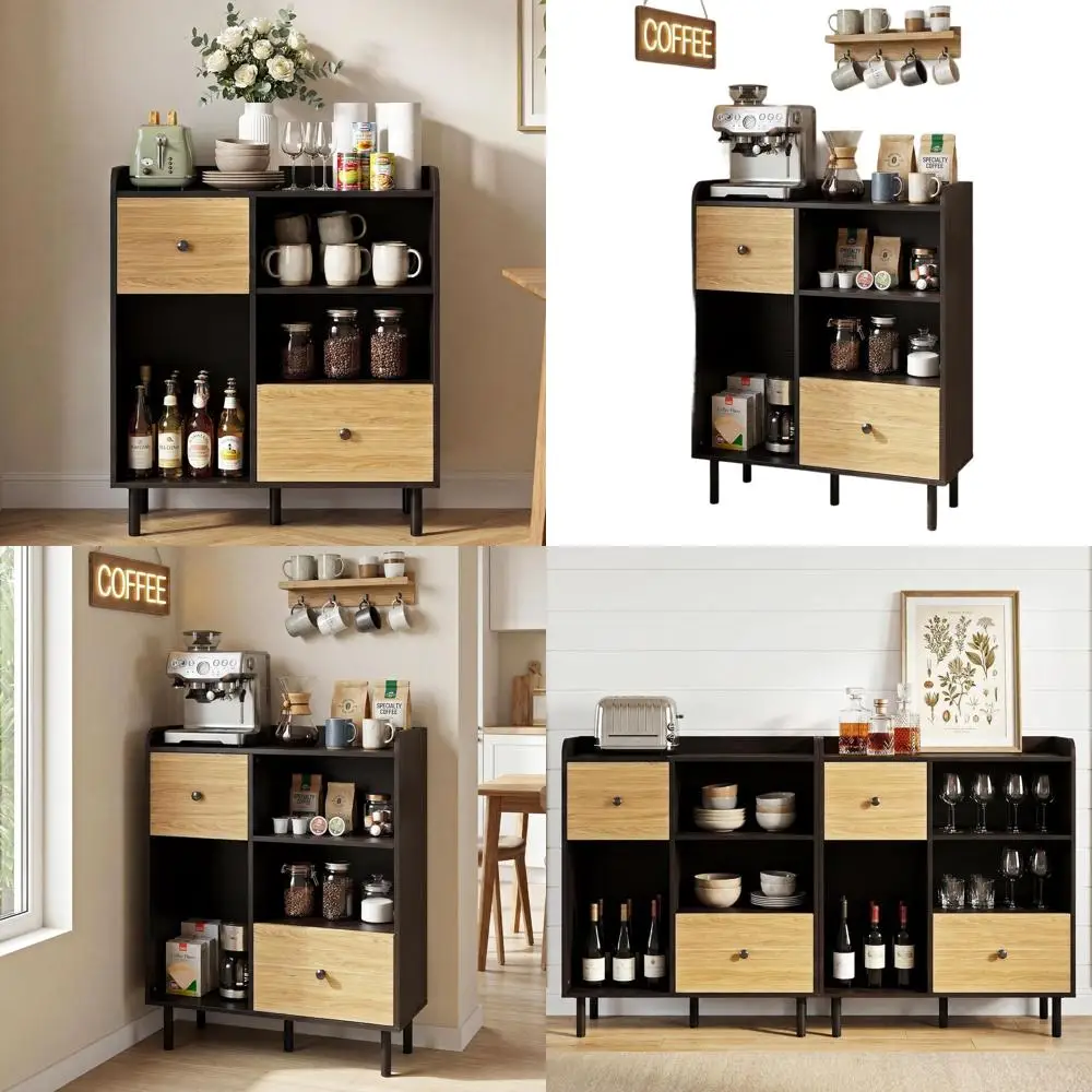

Compact Wooden Coffee Bar Cabinet with Drawers, Small Buffet Sideboard for Kitchen & Dining, Black