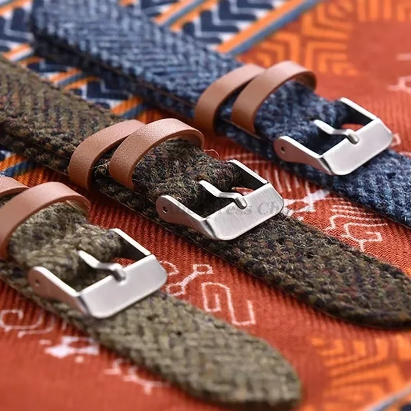 Genuine Leather Nylon WatchBand 18mm 20mm 22mm Vintage Tweed Canvas Bracelet Quick Release Strap Men Women Replacement Wristband image 3