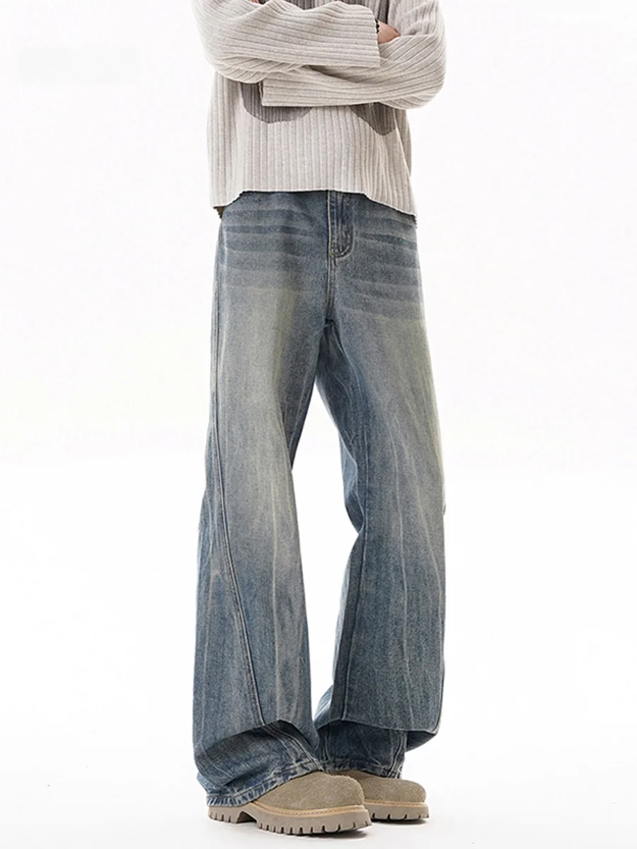 

American High Street Lightning Pattern Thiened Men's Jeans Autumn Winter Waed out Cleanfit Straight Casual Pants